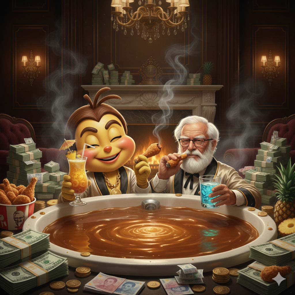 The Jollibee mascot enjoys a 'mango quencher' cocktail with the Colonel Sanders in a hot gravy tub enjoying a fried chicken in a the traphouse.
