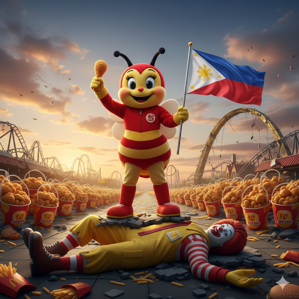 Ronald McDonalds being served by the Jollibee in the Philippines as the reigning supreme fast food chain.